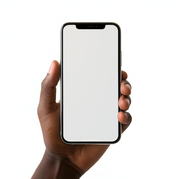Homem segura maquete de smartphone preto com tela em branco