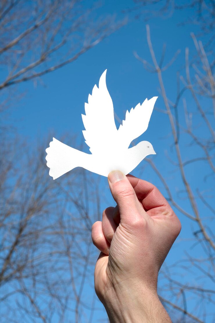 Foto homem segura pombo de papel contra fundo azul nenhum conceito de guerra faz as pazes