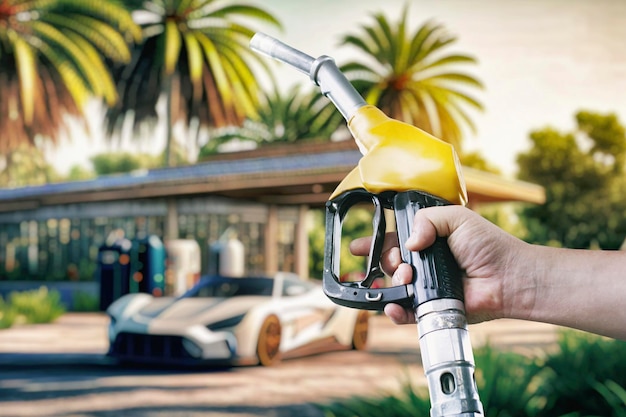 Homem segura uma arma de posto de gasolina em suas mãos contra o pano de fundo de um posto de gasolina nas palmeiras