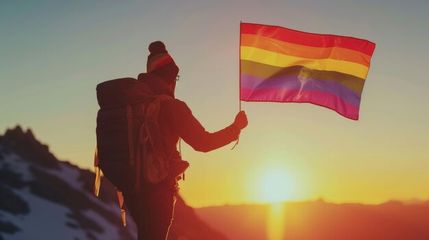 Foto homem segurando a bandeira do arco-íris no cume da montanha