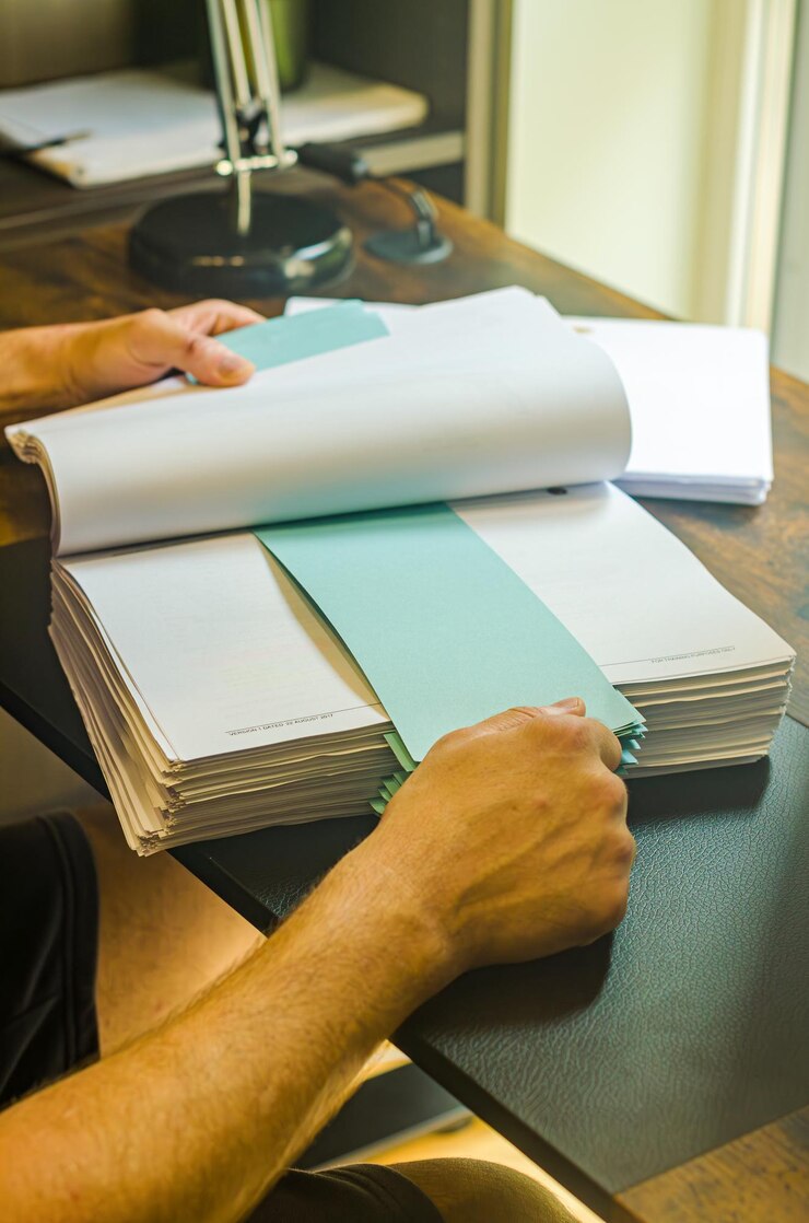 Foto homem segurando a pilha de papel no escritório em casa foto de alta qualidade
