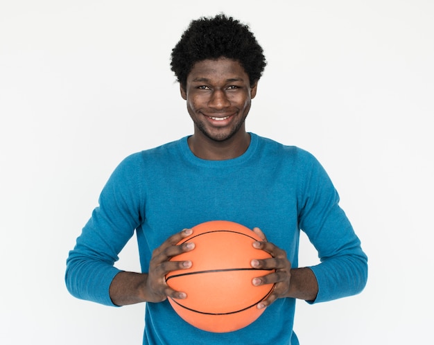 Homem, segurando, basquetebol, bola, conceito