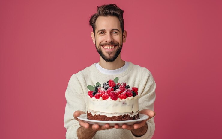 Foto homem segurando bolo de aniversário em fundo de cor sólida conceito de padaria ou feliz aniversário espaço para texto