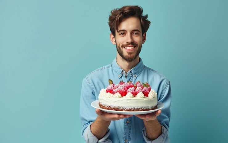 Foto homem segurando bolo de aniversário em fundo de cor sólida conceito de padaria ou feliz aniversário espaço para texto