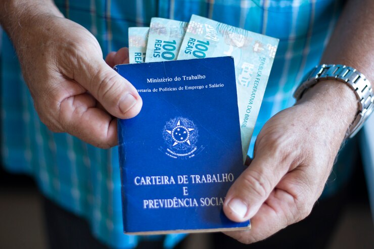 Homem segurando carteira de trabalho brasileira