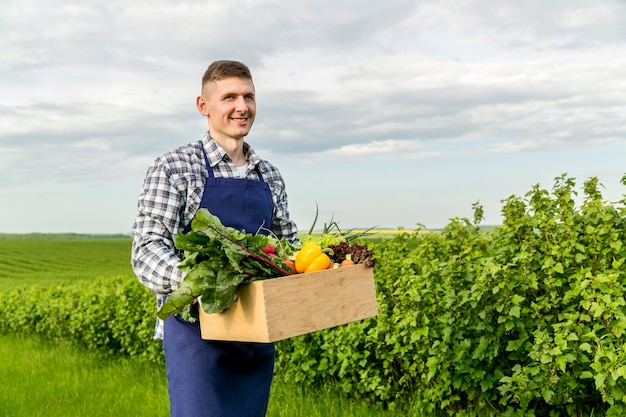 Homem segurando cesta com legumes na fazenda