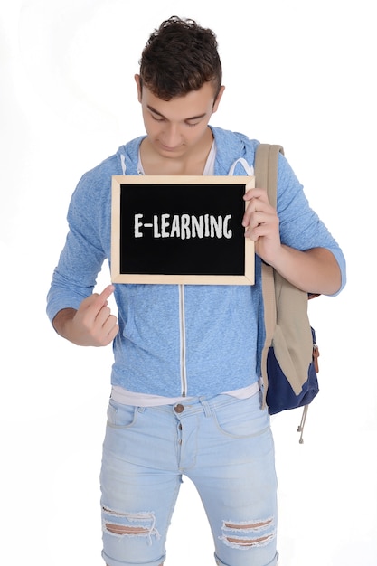 Homem, segurando, chalkboard, com, texto