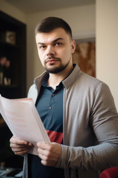 Foto homem segurando documentos e passaporte em casa