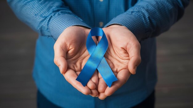 Homem segurando fita azul azul novembro mês de prevenção do câncer de próstata saúde masculina