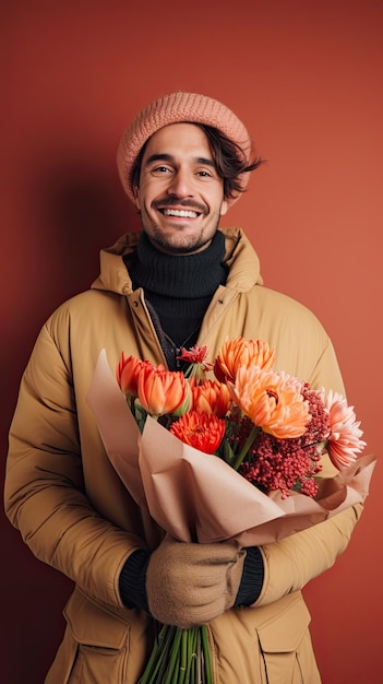 Homem segurando florista de buquê de flores no inverno