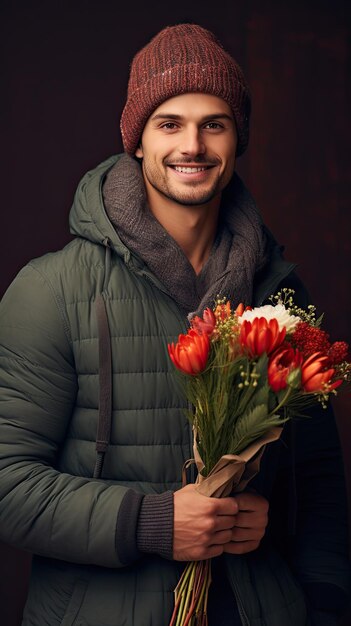 Homem segurando florista de buquê de flores no inverno