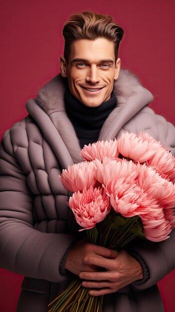 Homem segurando florista de buquê de flores no inverno