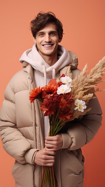 Homem segurando florista de buquê de flores no inverno