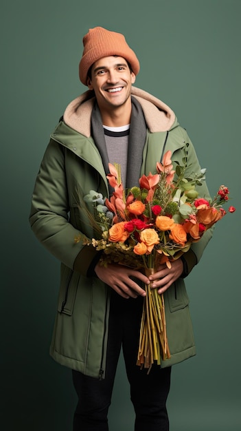 Homem segurando florista de buquê de flores no inverno