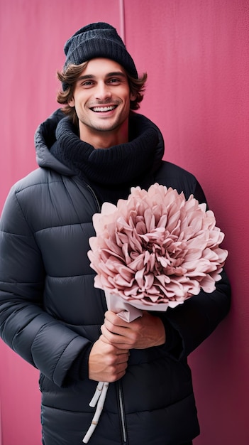 Homem segurando florista de buquê de flores no inverno