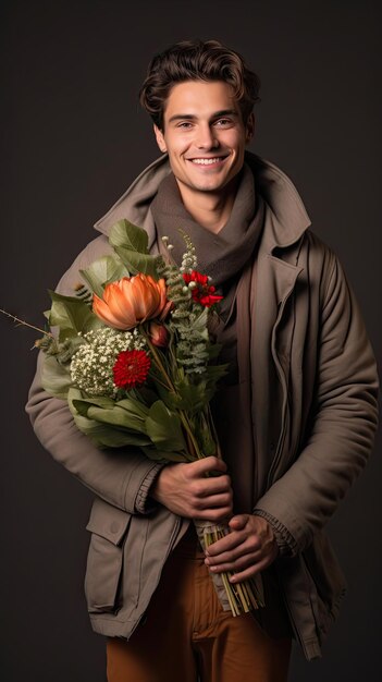 Homem segurando florista de buquê de flores no inverno