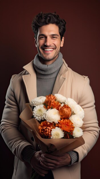 Homem segurando florista de buquê de flores no inverno