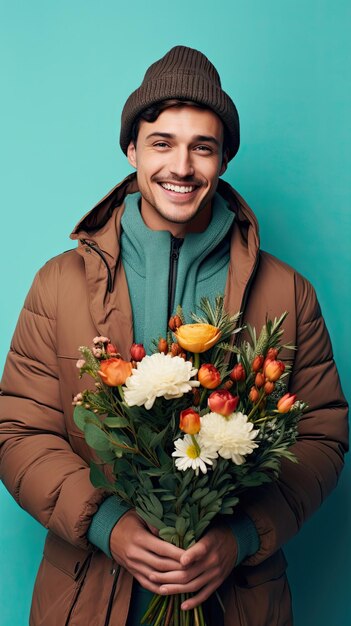Homem segurando florista de buquê de flores no inverno