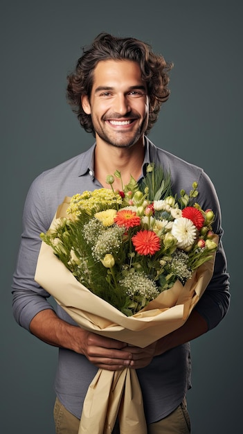 Homem segurando florista de buquê de flores no inverno