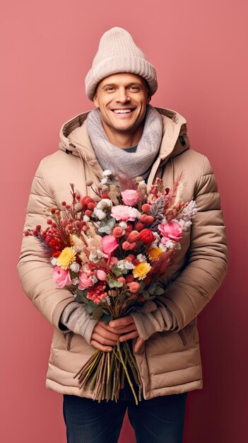 Homem segurando florista de buquê de flores no inverno