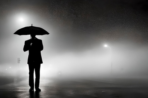 Homem segurando guarda-chuva à noite na chuva