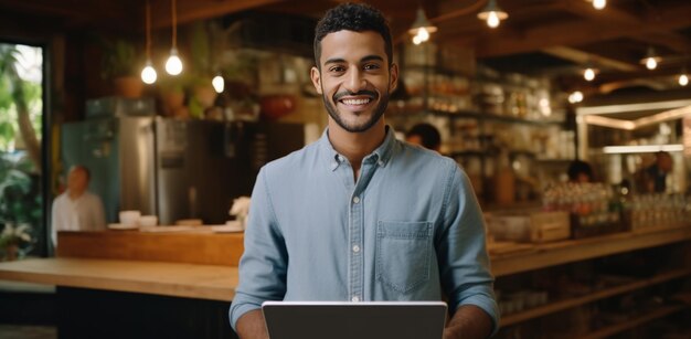 homem segurando laptop e sorrindo para a câmera homem