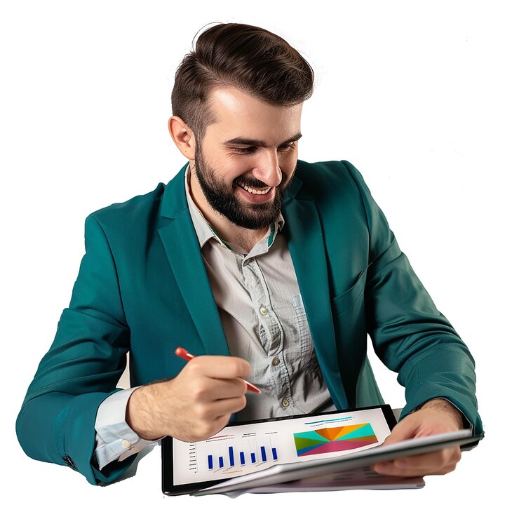Foto homem segurando laptop e sorrindo