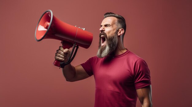 Foto homem segurando megafone de pé em fundo castanho