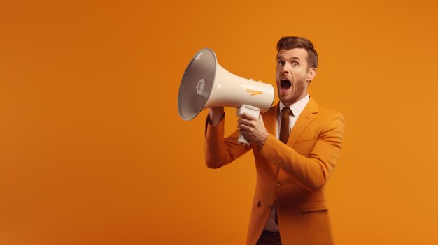 homem segurando megafone de pé em fundo de caramelo