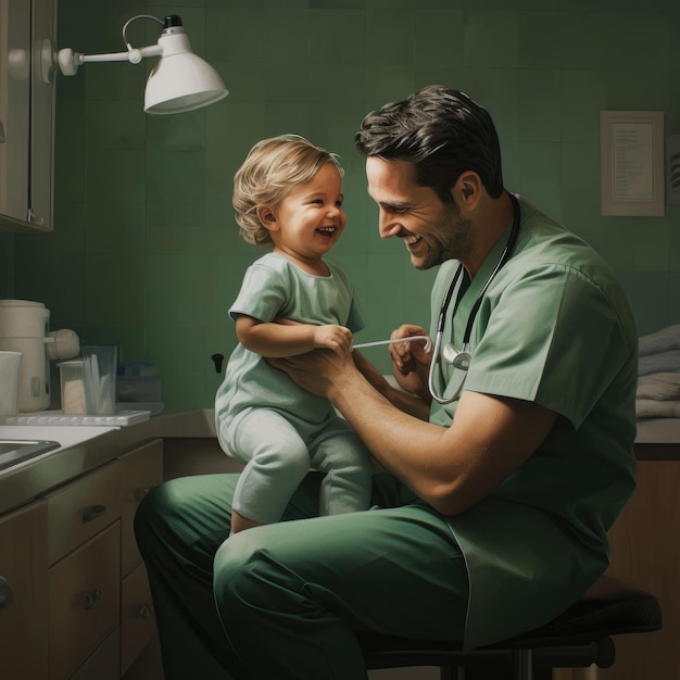 Homem segurando menina no quarto verde