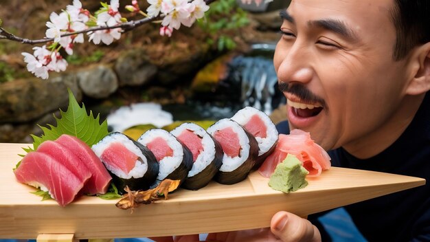 Homem segurando pauzinhos maguro maki gengibre wasabi vista lateral