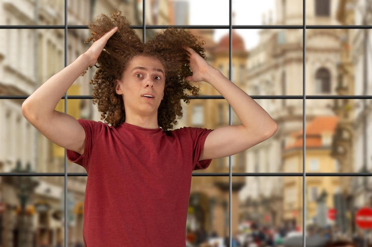 Foto homem segurando pedaços de seu cabelo encaracolado conceito de cuidados com o cabelo masculino jovem europeu escovando o cabelo longo encaracolado com as mãos cuidando e estilizando seu cabelo ondulante de pé sobre um belo fundo de estúdio