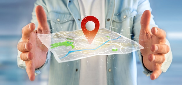 Homem, segurando, um, alfinete, suporte, ligado, um, mapa
