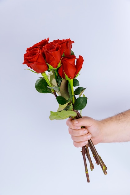 Homem segurando um buquê de lindas rosas vermelhas em fundo branco. Dia dos namorados.