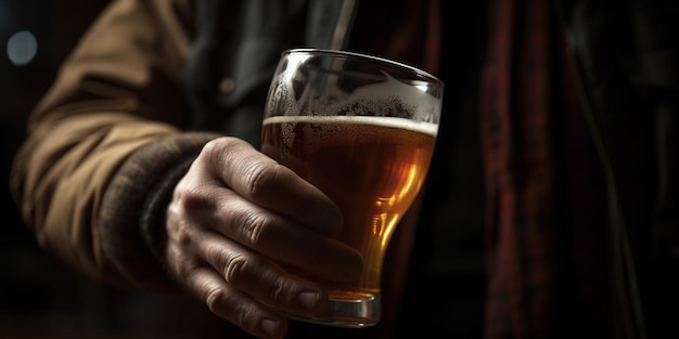 Homem segurando um copo de cerveja de perto