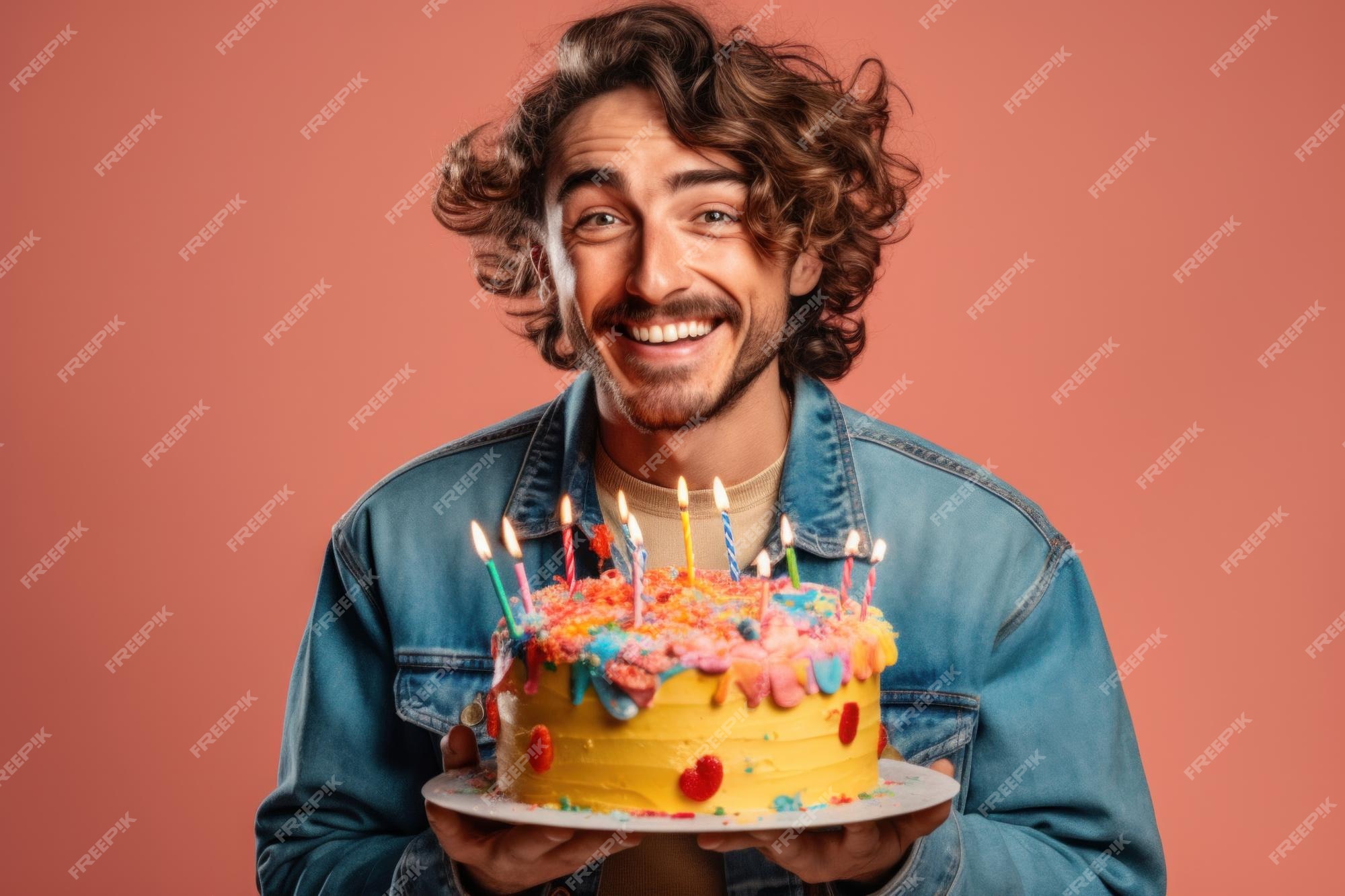 Close-up do homem adulto engraçado comemorando seu aniversário, segurando o  bolo bday com vela, soprando wistle festa e regozijando-se, em pé sobre  fundo azul claro.