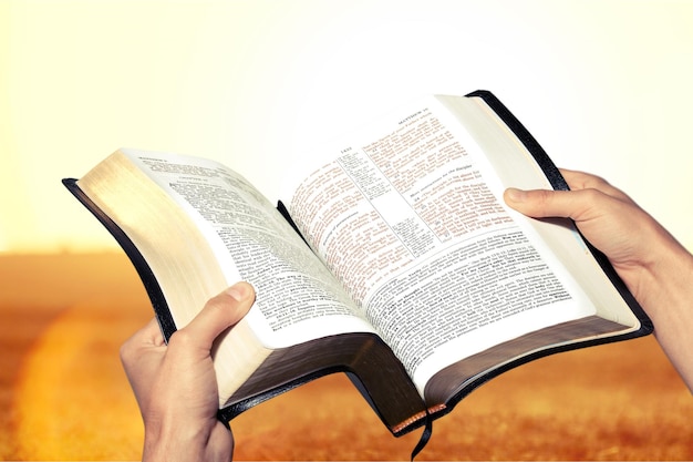 Homem segurando um livro da Bíblia sobre fundo verde