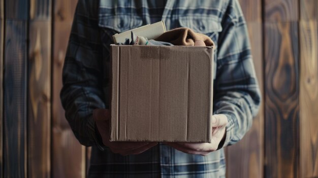 Homem segurando um livro e uma caixa de doação de roupas Conceito de doação