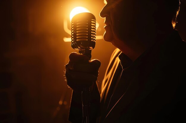 homem segurando um microfone isolado em fundo escuro