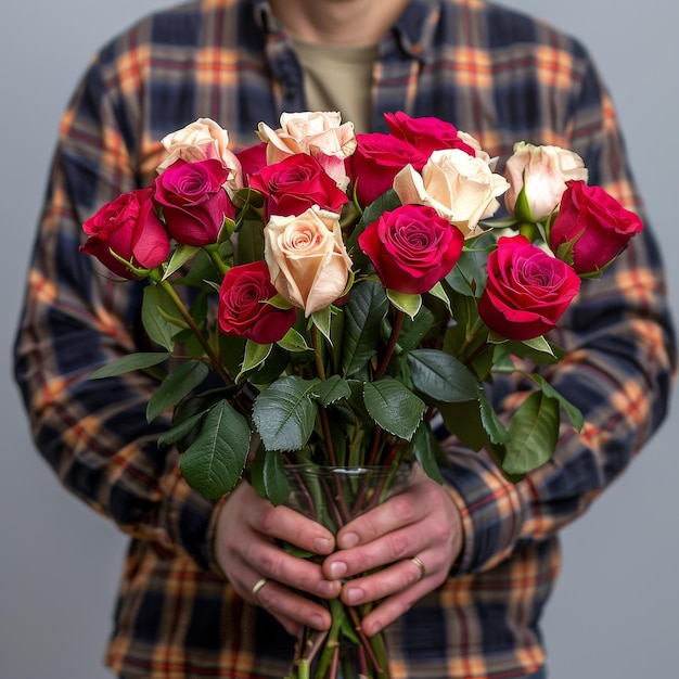 Homem segurando um vaso de rosas vermelhas e brancas