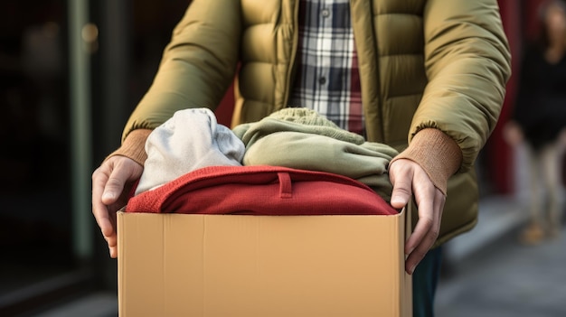 Foto homem segurando uma caixa de doação com roupas para os pobres investir no mundo impactante de caridade e filantropia