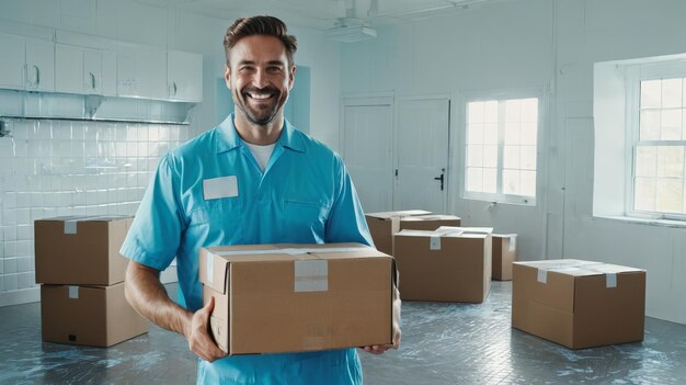 Homem segurando uma caixa em uma sala cheia de caixas