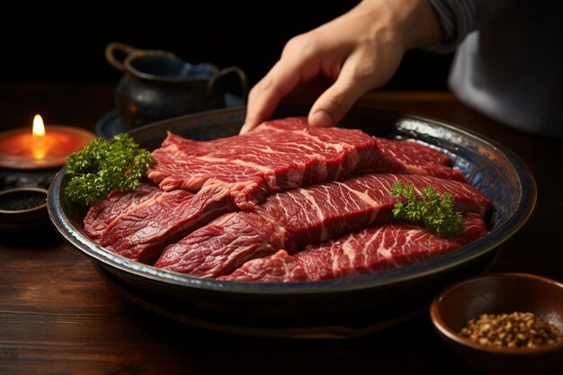 Homem segurando uma fatia rara de wagyu e um bife na base de sopa shabu hot pot shoyu