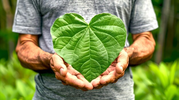 Homem segurando uma folha em forma de coração simbolizando o amor pela natureza Verde e vibrante promovendo o cuidado ambiental e a sustentabilidade Imagem perfeita para conteúdo ecológico IA