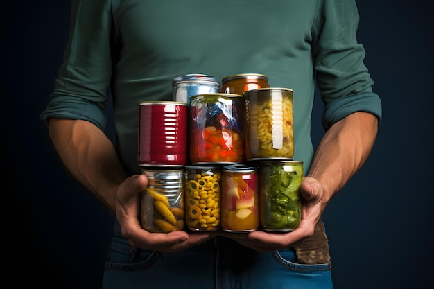 Foto homem segurando uma pilha de alimentos enlatados para preparação de emergência