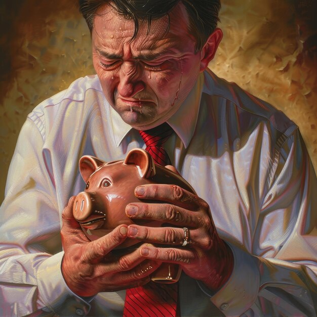 Homem segurando uma pintura do Piggy Bank