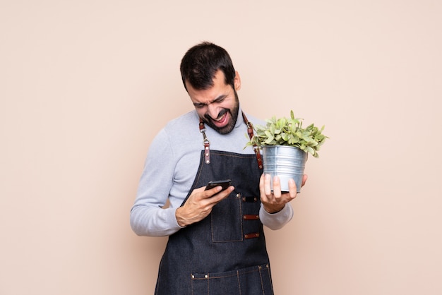 Homem segurando uma planta isolada com telefone em posição de vitória