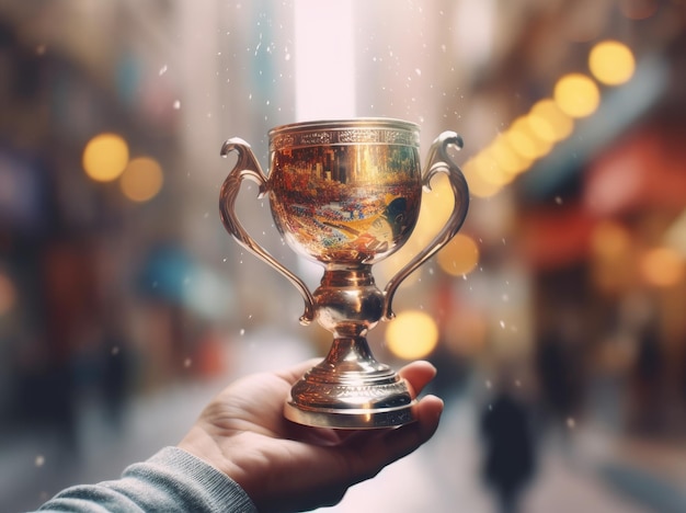 Homem segurando uma taça de troféu de ouro com espaço de cópia de fundo brilhante abstrato para texto