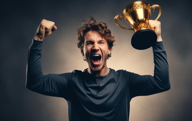 Foto homem segurando uma taça de troféu de ouro