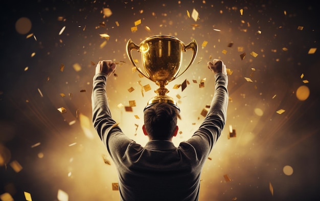 Homem segurando uma taça de troféu de ouro